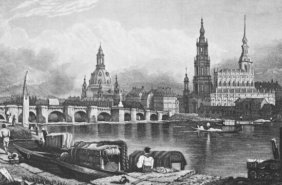 Historic cityscape, steel engraving  Church of Our Lady, Dresden Castle and Dresden Cathedral, Dresden in 1850, Saxony, Germany