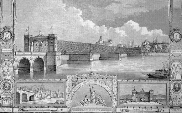 The new bridge over the Rhine around 1890, between Mannheim and Ludwigshafen, Germany, Historic, digitally restored reproduction of an original 19th-century model, exact original date unknown