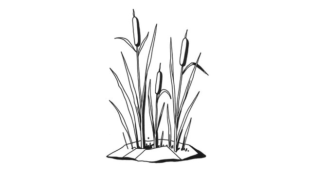 Three cattail stalks rise unevenly from shallow wetland ground patch. Nature decoration concept