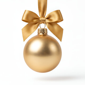 A single matte gold christmas bauble ornament hanging from a matching satin ribbon bow, isolated on a clean white background, for holiday decor