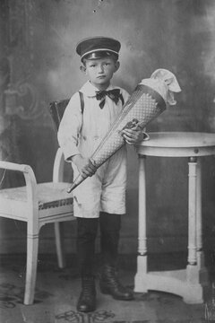 Boy with school cone, first day of school, 1900, Germany, Historic, digitally restored reproduction of an original from the 19th century, exact date unknown