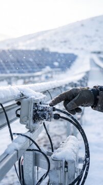 A dedicated worker attunes a connection on a solar panel setup amidst a snowy landscape. The bright sun contrasts with the winter chill, showcasing renewable energy in cold conditions.