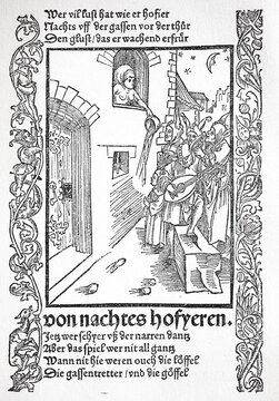 The Ship of Fools by Sebastian Brant, 1494, late medieval moral satire. Of serenading in the night, a woman pours out the chamber pot over the musicians, Historical, digitally restored reproduction from a 19th century original