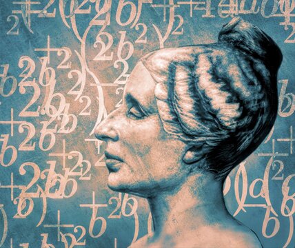 Bust of Marie-Sophie Germain, 1776 &ndash;1831, French mathematician, physicist and philosopher, digitally edited, the proof to the Fermat's Last Theorem