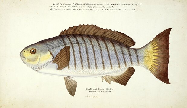Black gnawing perch, Girella tricuspidata, The parore, also known as luderick, black bream, black snapper, blackfish, or nigger fish, fish, reproduction of an original, by Frank Edward Clarke (b. 1849, d. 1899), ichthyologist and scientific draughtsman