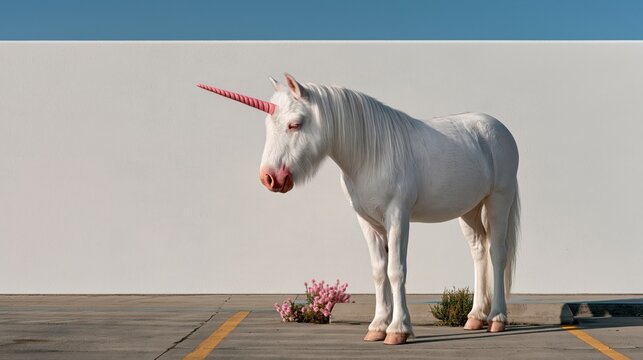 Wide shot of unicorn stuck in a compact parking space, looking embarrassed. Funny fantasy photo for urban humor and lifestyle blogs.