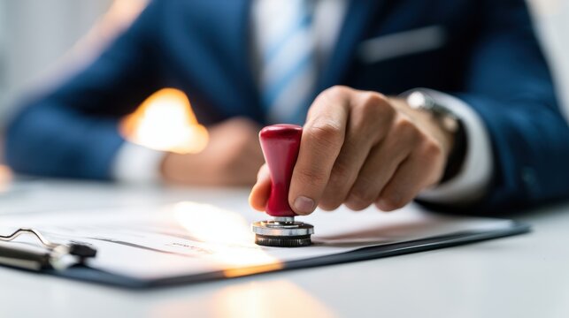 A professional in a suit uses a rubber stamp to approve a document, illuminated by warm, soft light. This image represents official approval, certification, and legal processes.