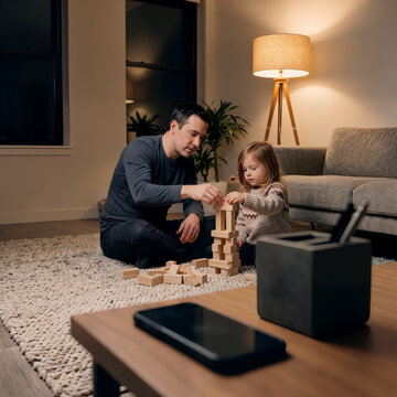 Father and Daughter Building with Wooden Blocks During a Phone-Free Evening