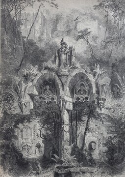 Oybin Monastery Ruin in the Zittau Mountains, Saxony, Germany, Historic, digitally restored reproduction of an original 19th-century painting