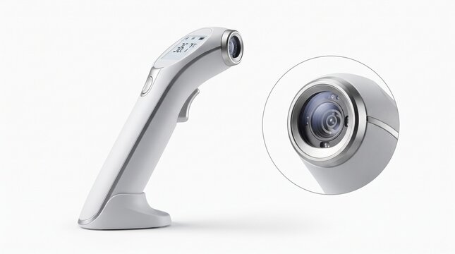 Digital non-contact infrared medical thermometer, modern healthcare equipment, white background isolated, high-tech fever checking device