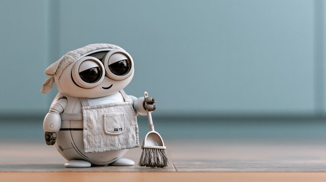 Wide shot of small robot vacuum wearing a tiny apron and holding a dustpan, looking proud. Humorous robot photo for cleaning and home content.