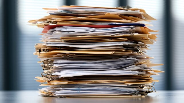 A towering, messy stack of manila folders and various papers secured with clips sits on a desk. This image represents office bureaucracy and paperwork overload.