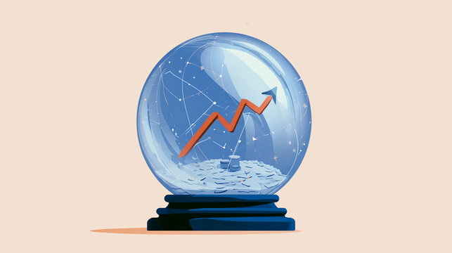 A crystal ball features a rising graph, symbolizing future predictions and business growth. The serene blue tones evoke a sense of hope and innovation in the corporate world.