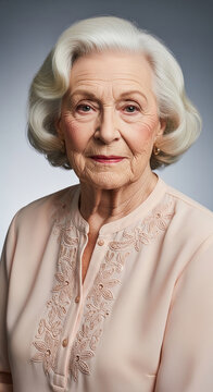 Portrait of an elderly woman with white hair and wrinkled skin, wearing a light pink blouse with floral embroidery, symbolizing wisdom and experience