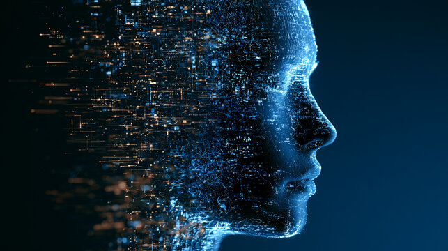 A futuristic digital representation of a human face emerging from a cascade of data particles. This image captures the essence of artificial intelligence and digital innovation.