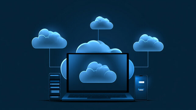 A modern digital illustration of a laptop connected to multiple clouds, representing cloud computing and data storage solutions for businesses and individuals.
