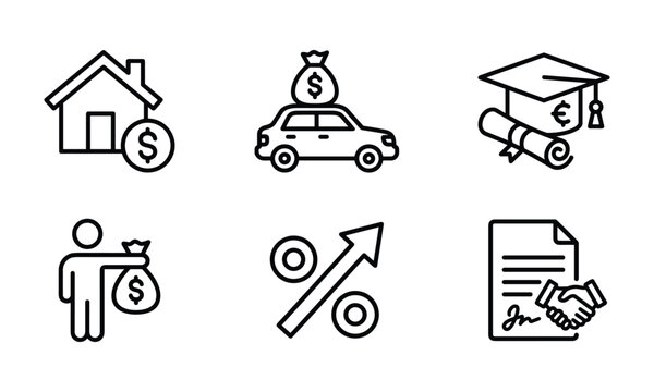 Loan and Mortgage Line Icons Set, Outline Symbols for Home Loans, Bank Credit, Financing, Property Purchase, Monthly Payments, Interest Rates and Financial Planning Vector Design