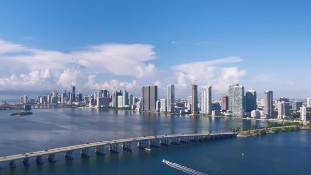 Aerial view of the Julia Tuttle Causeway crossing Biscayne Bay with the Miami skyline in the background, Miami, Florida, United States.