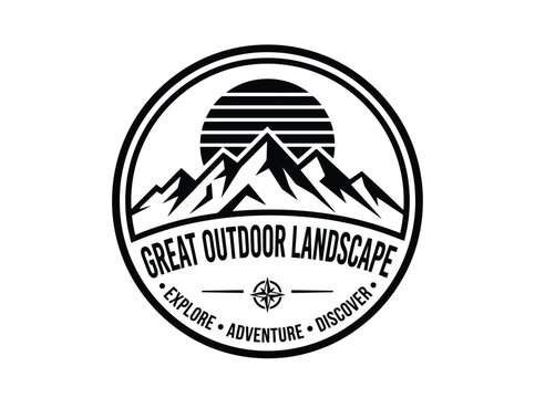 Circular black and white vector logo featuring a mountain range under a striped sun with the text Great Outdoor Landscape Explore Adventure Discover and a compass rose icon