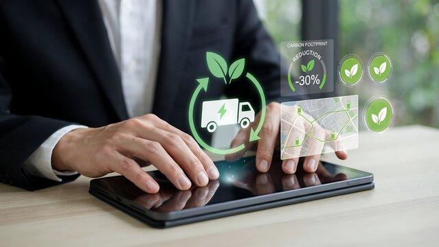 Businessman analyzing green logistics data on tablet with eco-friendly transport icons and sustainability metrics