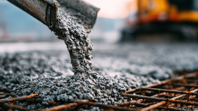 Fresh wet concrete pours from a chute onto steel rebar mesh at an active construction site. Ideal for showcasing building and infrastructure projects.