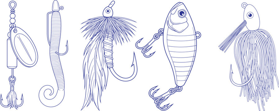 Fishing lures and angling bait hand drawn sketch vector set illustration
