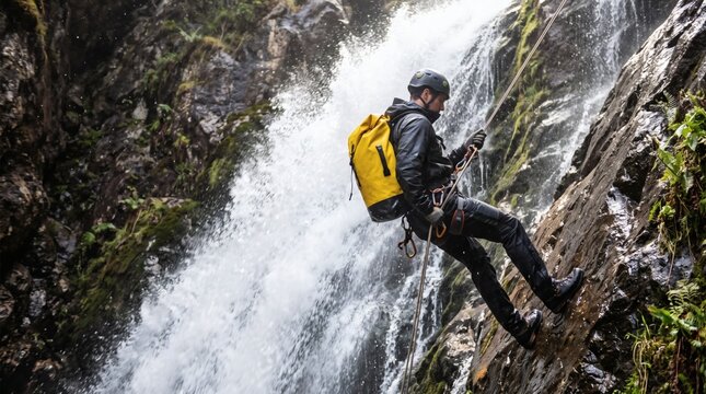 Man rappelling down a rocky cliff next to a waterfall wearing a yellow backpack.