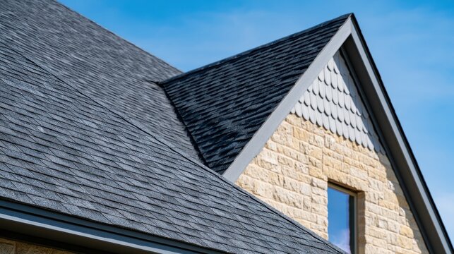 A modern house roof features dark gray asphalt shingles and a beige stone brick gable under a blue sky. Perfect for architecture, construction, and home improvement themes.