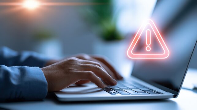 A person types on a laptop keyboard with a glowing red warning sign above, indicating a critical alert. This represents cybersecurity threats, data risk, or system errors for.