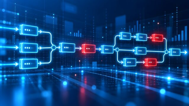 Futuristic digital flowchart diagram with blue data nodes and red critical path highlights for process optimization and bottleneck analysis