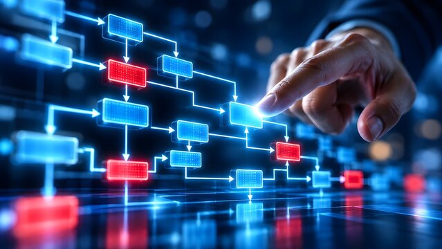 Hand interacting with complex 3D digital flowchart pressing a glowing blue node to optimize business process and workflow automation