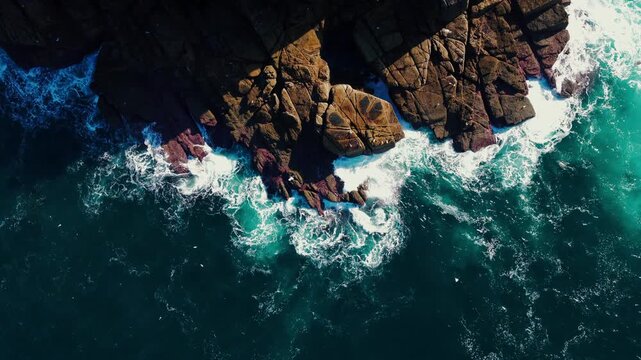 Aerial view of Land's End rocky coastline with crashing waves and turquoise water in Sennen, England, United Kingdom.