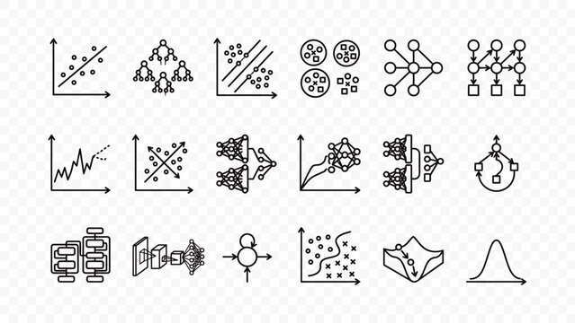 flat vector illustration line art icon bundle set design showing data visualization statistics scatter plots business analytics graphs and digital reporting ui elements