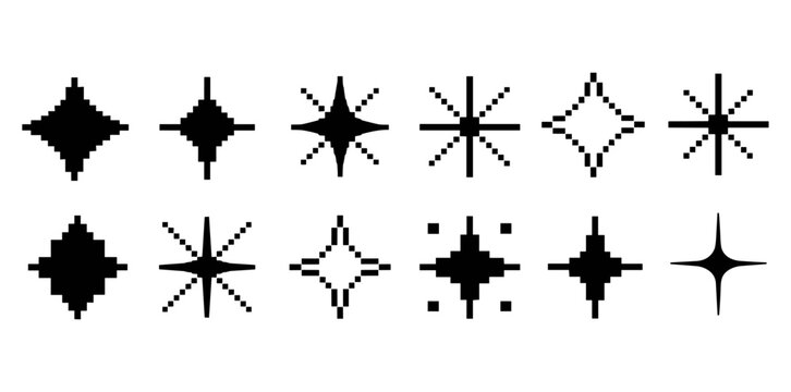 Pixel Sparkle Stars, Black geometric twinkle and shine effect symbols in retro pixel style for gaming, stickers, posters, and graphics