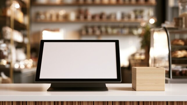 A modern blank screen POS system sits prominently on a clean cafe counter with a blurred background. Perfect for restaurant technology, payment, and small business advertisements.