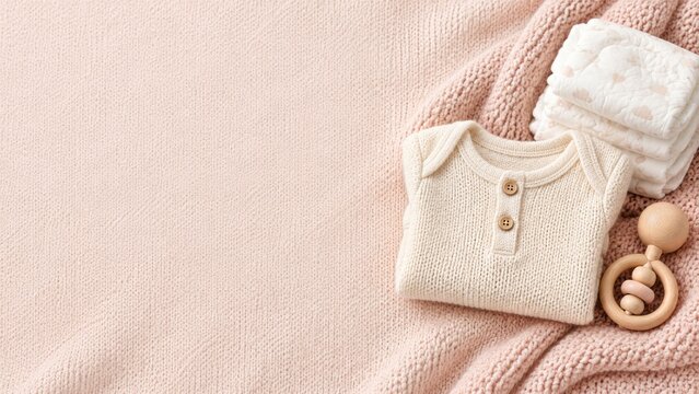 Cream Baby Knitwear Diapers and Wooden Rattle on a Soft Pink Blanket
