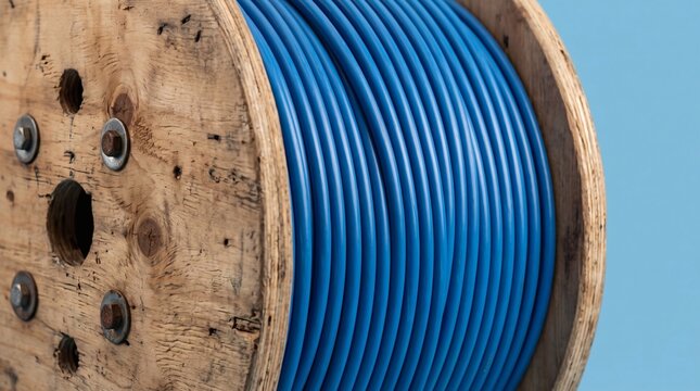 Close-up of a large wooden spool holding blue industrial cable.