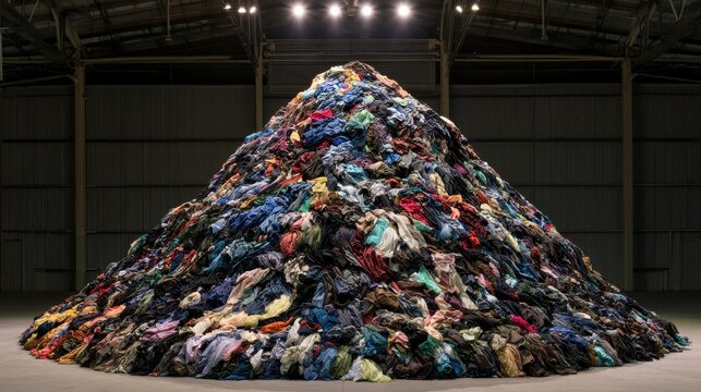 A massive mountain of discarded, colorful clothes fills a dimly lit warehouse, illuminated by spotlights. This image visualizes fast fashion waste and environmental pollution.