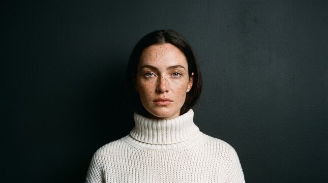 Woman with Natural Freckles Wearing a White Turtleneck Sweater Against a Dark Grey Wall Background