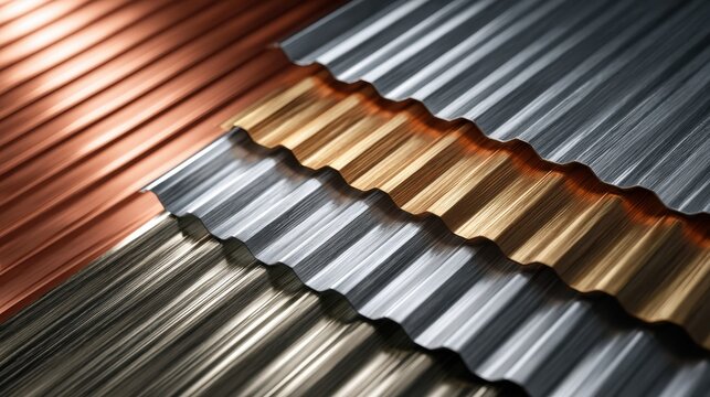 Stacked corrugated metal sheets in copper, bronze, and silver tones create a textured pattern. Perfect for industrial materials, roofing, or design backgrounds.