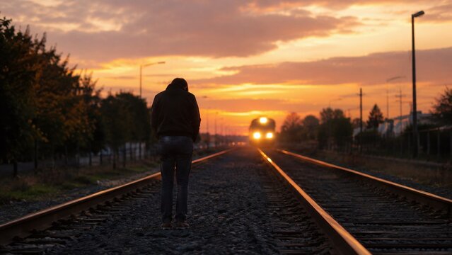 Rear view of a thoughtful man standing on railroad tracks looking at an oncoming train during sunset facing life challenges and uncertainty