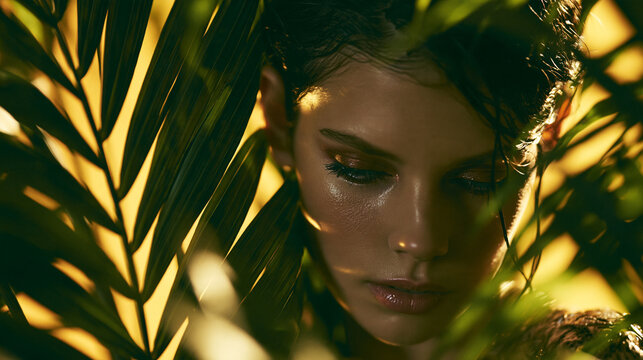 Wet young woman hiding among lush green tropical palm leaves with warm glowing sunlight filtering through foliage
