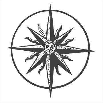Vintage sun face compass rose nautical vector engraving illustration
