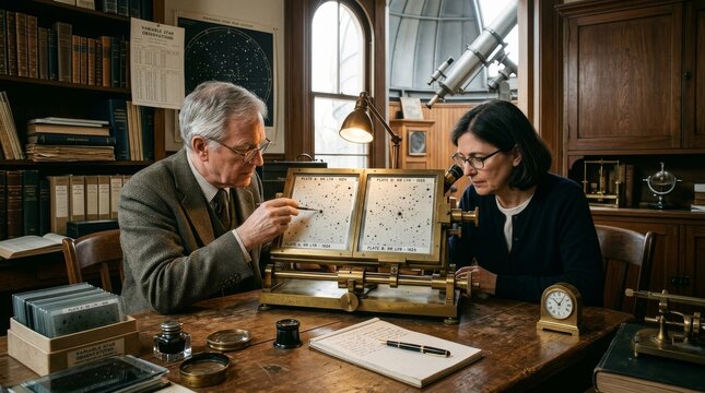 Two professional astronomers, a senior man and a woman, meticulously analyzing vintage celestial star charts and glass plates using a brass blink comparator in a classic observatory study.