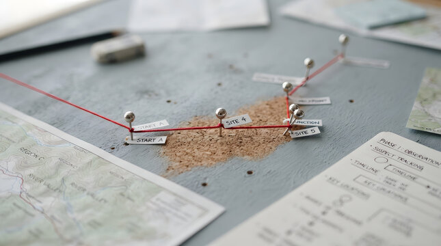 Tactical Investigation Board with Pushpins and Red String Mapping a Route for Suspect Tracking