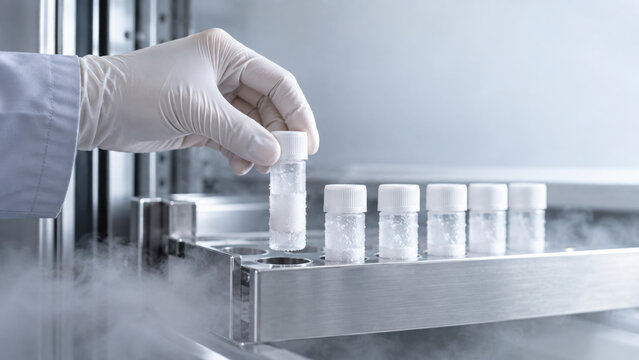 Frozen vial inside containment with gloved hand in laboratory setting showing cold storage and scientific research