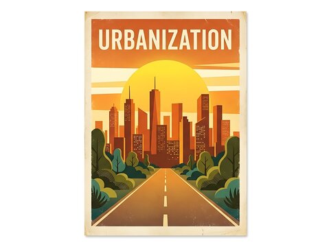 Vintage style poster illustration of a modern city skyline at sunset with a road leading towards the urban buildings and green trees