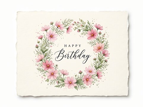 Watercolor floral wreath with pink cosmos flowers and green foliage, elegant botanical frame for birthday greeting card design