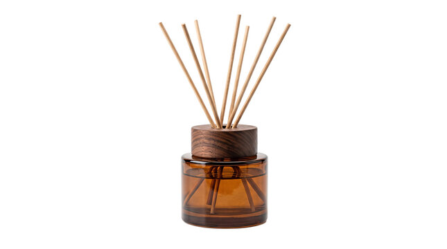 Amber glass reed diffuser with wooden isolated on transparent background