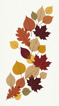 A beautiful vertical arrangement of colorful autumn leaves on a plain white background.